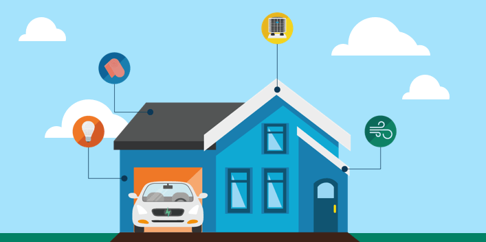 House illustration with pinpoint symbols for lighting, insulation, cooling, and air leakage.