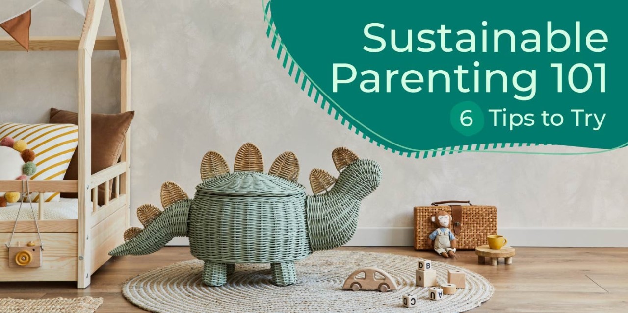 Childs room showing sustainable toys like wooden cars, an a cloth stegosaurus. 