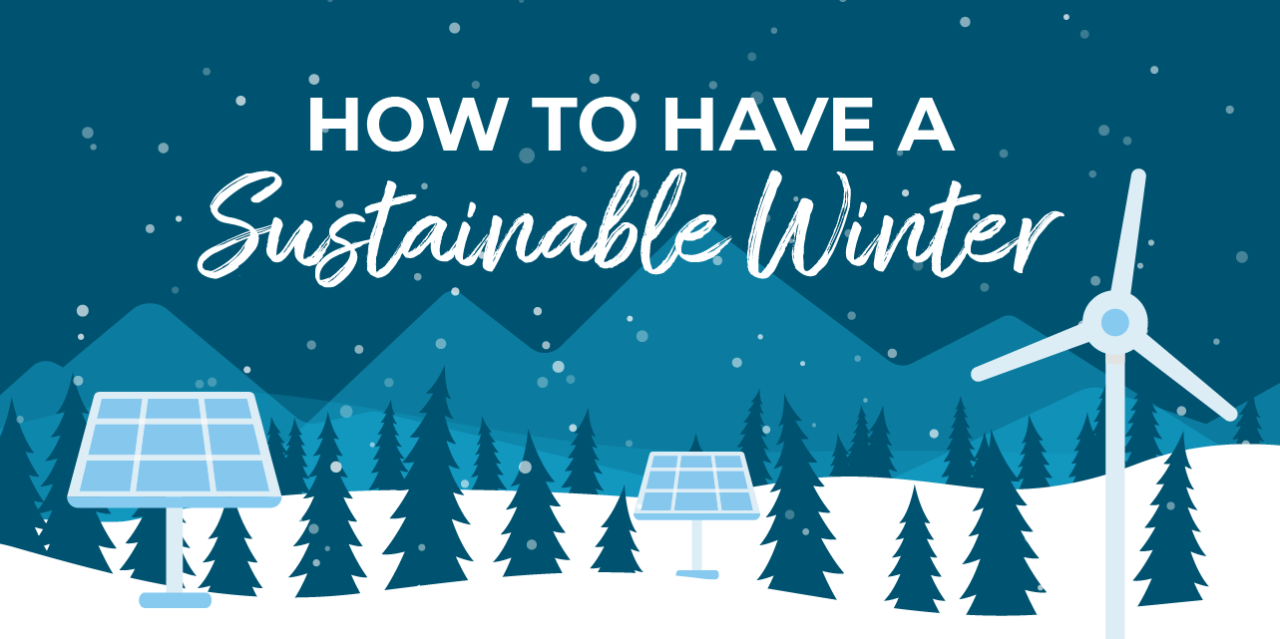 Illustrated winter scene with pine trees, solar panels and wind turbines.